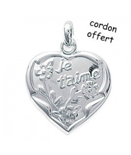 Pendentif Coeur Je t'aime Fleurs + cordon offert