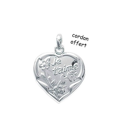 Pendentif Coeur Je t'aime Fleurs + cordon offert