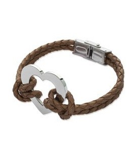 Bracelet Cuir Chocolat et Coeur Acier