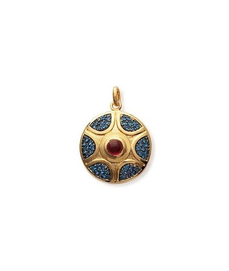 Pendentif Rond Plaqué Or Bleu Rouge