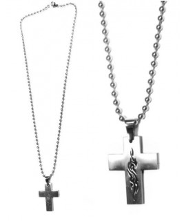 Collier Acier Croix Gravée 50 cm