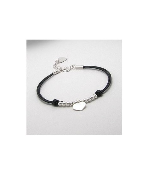 Bracelet cordon noir 2 coeurs et perles argent