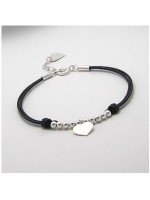 Bracelet cordon noir 2 coeurs et perles argent