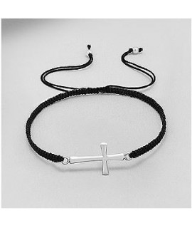 Bracelet croix en argent cordon tissé noir