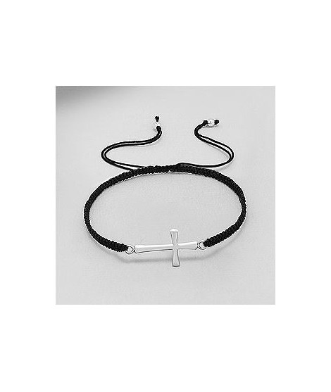 Bracelet croix en argent cordon tissé noir