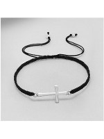 Bracelet croix en argent cordon tissé noir