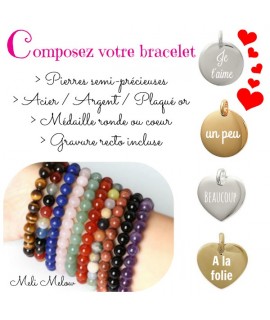 Bracelet Amethyste et médaille ou coeur gravé