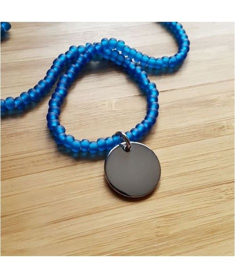 Bracelet ou collier perles "Blue Mat" et médaille en acier à graver