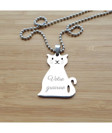 Collier chat chaîne boule 50 cm en acier inoxydable chaton avec gravure