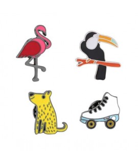 Lot de 4 pin's flamant rose toucan chien jaune roller en métal argenté émaillé