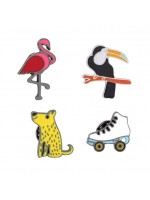 Lot de 4 pin's flamant rose toucan chien jaune roller en métal argenté émaillé