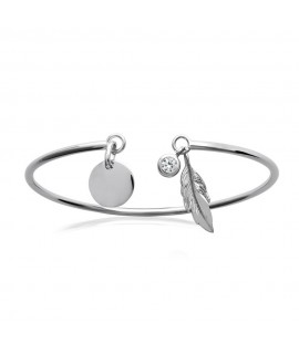 Bracelet jonc ouvert strass oxyde de zirconium plume et médaille à graver argent