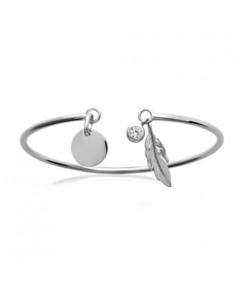 Bracelet jonc ouvert strass oxyde de zirconium plume et médaille à graver argent