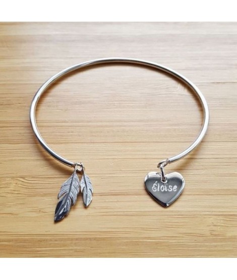 Bracelet jonc ouvert 2 plumes et coeur à graver argent