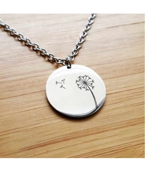 Collier médaille ronde pissenlit en acier inoxydable avec gravure personnalisée au verso