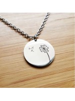 Collier médaille ronde pissenlit en acier inoxydable avec gravure personnalisée au verso