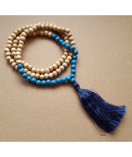 Collier sautoir perles en bois et pierre gemme turquoise et grand pompon