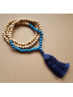 Collier sautoir perles en bois et pierre gemme turquoise et grand pompon