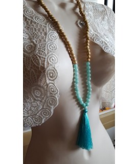 Collier sautoir perles en bois et pierre gemme turquoise et grand pompon