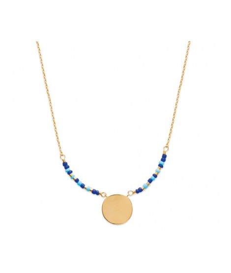 Collier nuances de bleu avec médaille à graver en plaqué or jaune