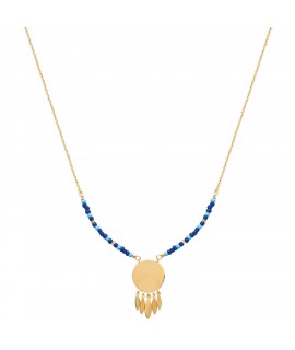 Collier nuances de bleu avec médaille à graver et feuilles en plaqué or jaune