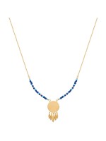 Collier nuances de bleu avec médaille à graver et feuilles en plaqué or jaune