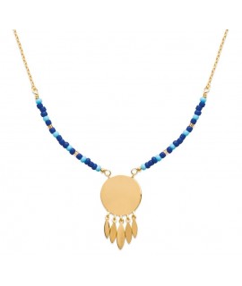 Collier nuances de bleu avec médaille à graver et feuilles en plaqué or jaune