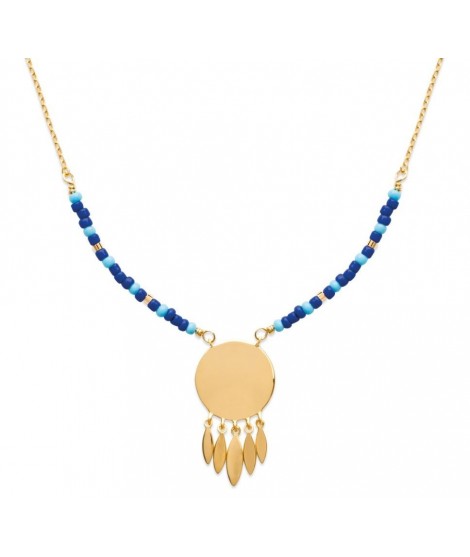 Collier nuances de bleu avec médaille à graver et feuilles en plaqué or jaune