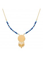 Collier nuances de bleu avec médaille à graver et feuilles en plaqué or jaune