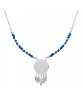 Collier nuances de bleu avec médaille à graver et feuilles en argent rhodié