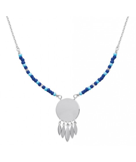 Collier nuances de bleu avec médaille à graver et feuilles en argent rhodié