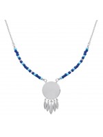 Collier nuances de bleu avec médaille à graver et feuilles en argent rhodié