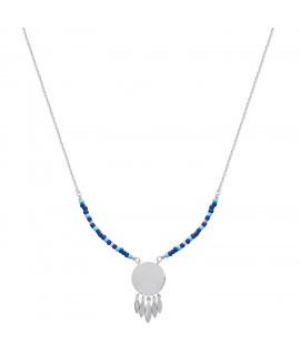 Collier nuances de bleu avec médaille à graver et feuilles en argent rhodié