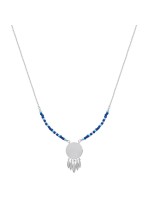 Collier nuances de bleu avec médaille à graver et feuilles en argent rhodié