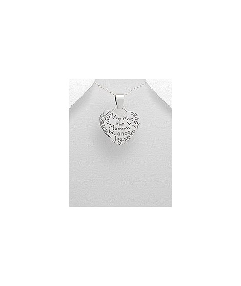 Pendentif coeur en argent avec gravures "Live in the Moment"