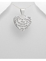 Pendentif coeur en argent avec gravures "Live in the Moment"