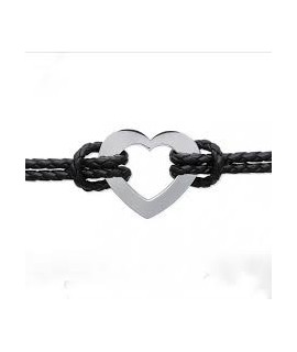 Bracelet Cuir Noir et Coeur Acier