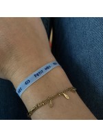 Étiquettes tissées à coudre • Fond bleu / Texte bleu • Marquage vêtement nom prénom • bracelets message