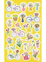 Planche d'autocollants bouquets de fleurs et vélos fond jaune