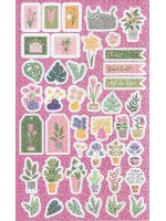 Planche d'autocollants fleurs et chat effet paillettes fond rose
