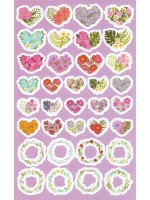 Planche d'autocollants coeurs et couronnes de fleurs fond rose